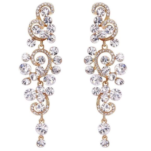 Yellow Gold with White Diamond Austrian Crystal Chandelier Post Back Earrings - Picture 1 of 5